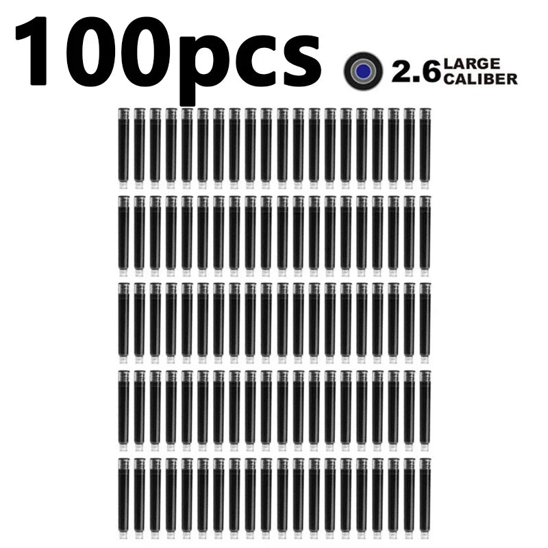 50/100pcs Fountain Pen Ink Cartridges – Black, Blue & Red Refill Set (2.6/3.4mm Bore) High-Quality