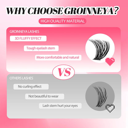 GROINNEYA DIY Mixed Lash Clusters Set – Fluffy Individual Lash Extensions Kit with Bond & Seal for At-Home Makeup