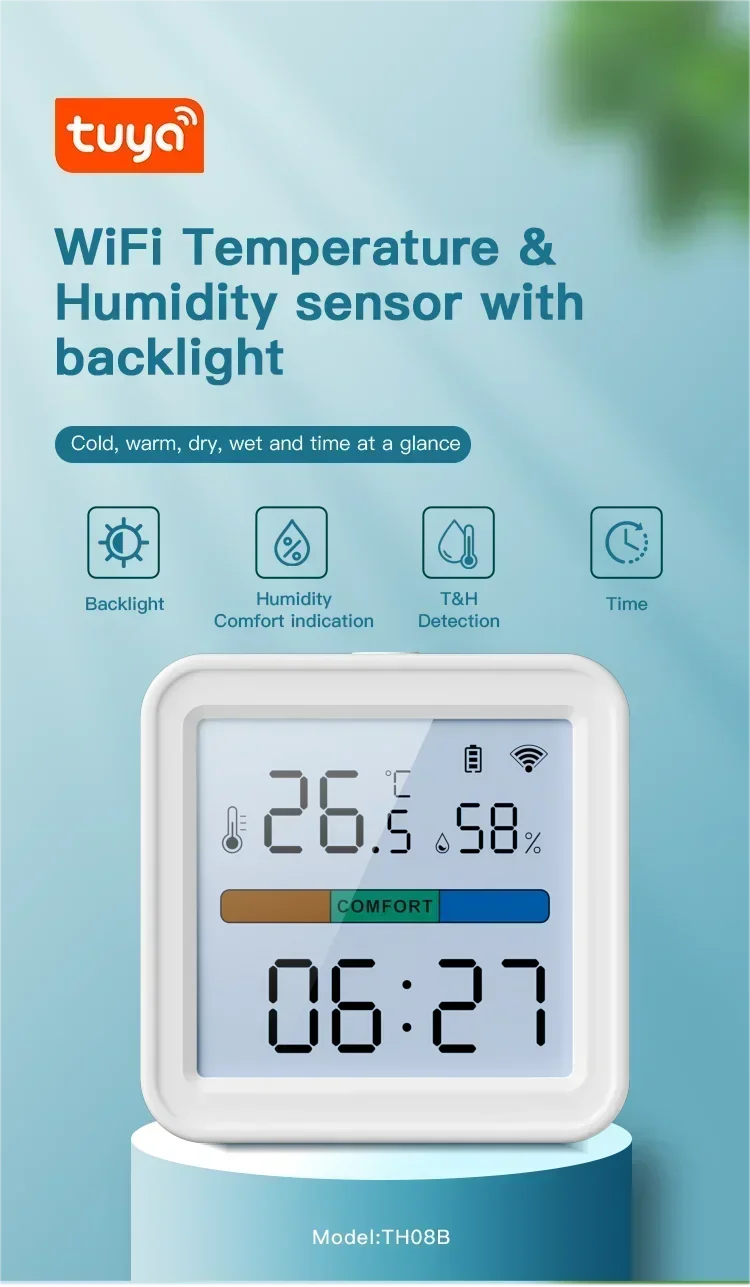 Tuya WiFi Temperature & Humidity Sensor — Smart Life Backlight Hygrometer Thermometer, Compatible with Alexa & Google Home