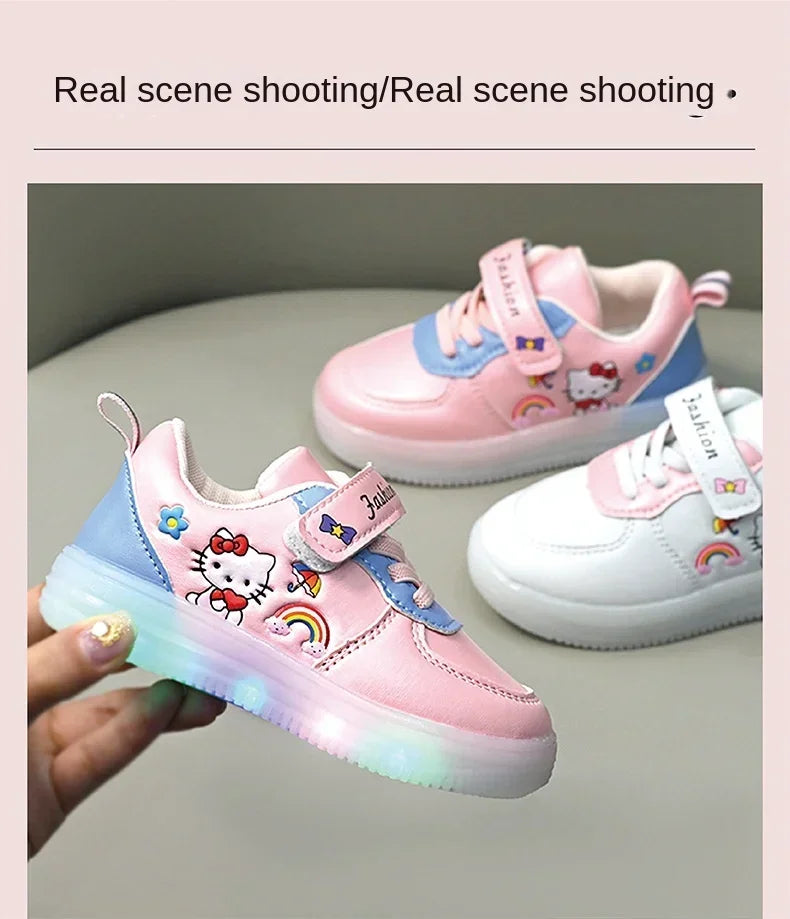 LED Kids Shoes for Girls — Cute Hello Kitty Cartoon Canvas Sneakers, Soft-Bottom Casual Shoes, Baby Girl Kawaii Footwear