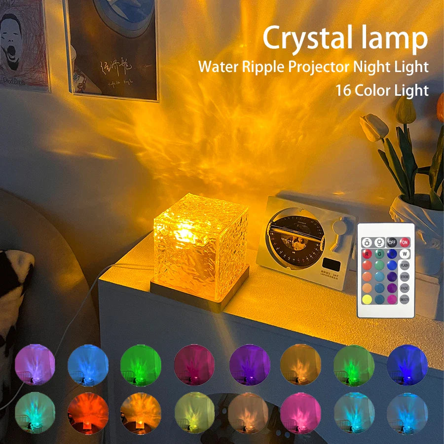 Dynamic Rotating Water Ripple Projector Night Light – 16 Color Flame Crystal Lamp for Living Room, Study, and Bedroom