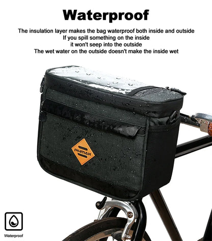 PHMAX Insulated Cycling Front Handlebar Bag – Large Waterproof MTB Pannier with Touch Screen & Cooler Compartment