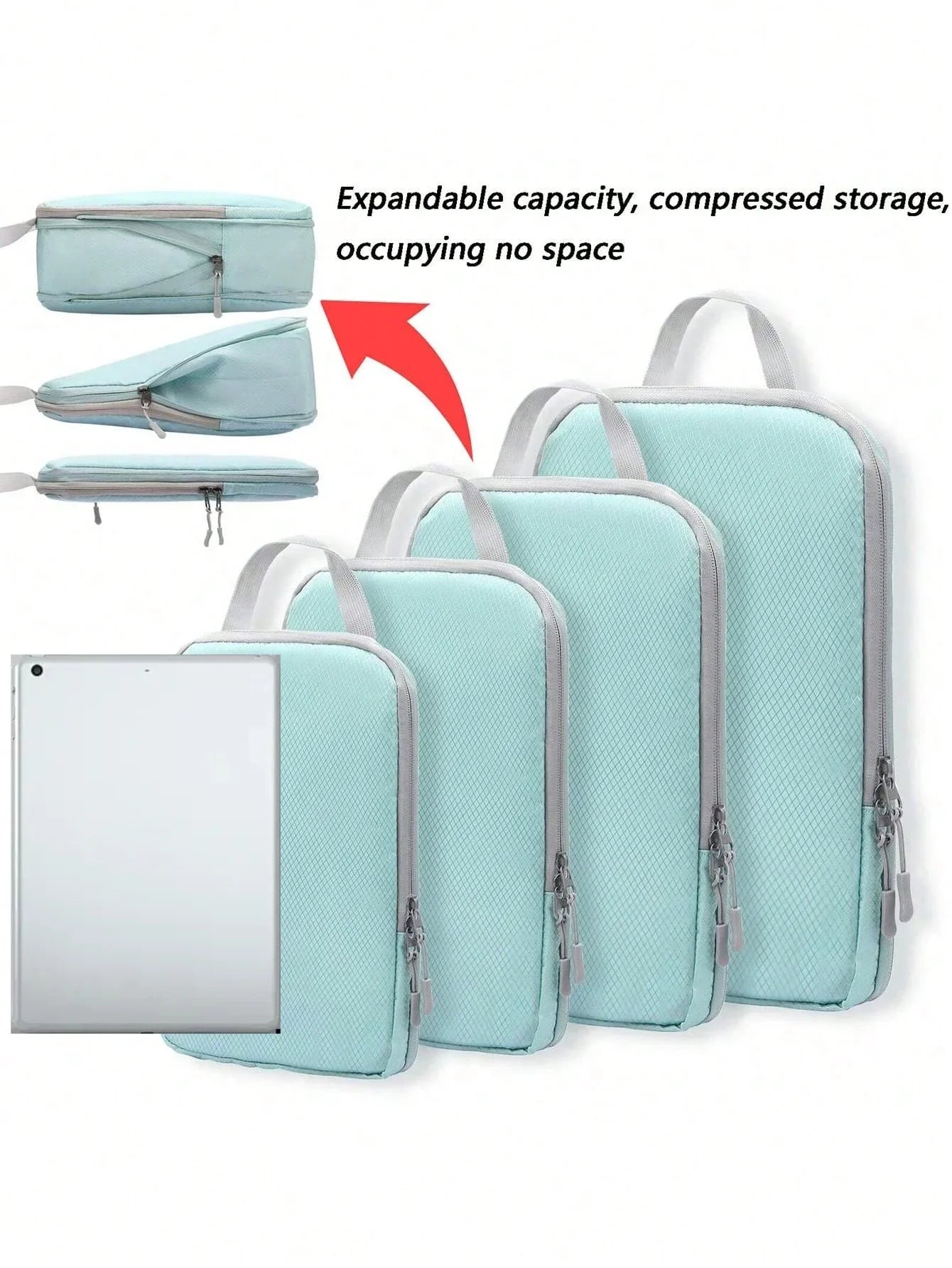 6-Piece Compressible Waterproof Nylon Packing Cubes Set – Portable Travel Storage Bags with Handbag Luggage Organizer