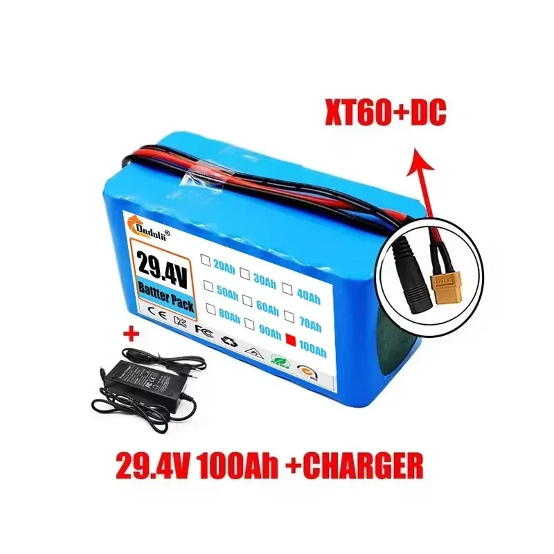 29.4V 100Ah 7S3P 18650 Lithium-Ion Battery Pack — Suitable for 24V–29.4V Motors with 2A Charger
