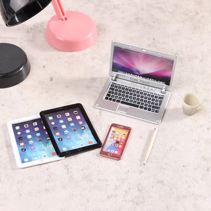 6–7PCS 1:12 Dollhouse Miniature Study Desk Set — Laptop, Phone, Tablet, Lamp & Books Scene Decor