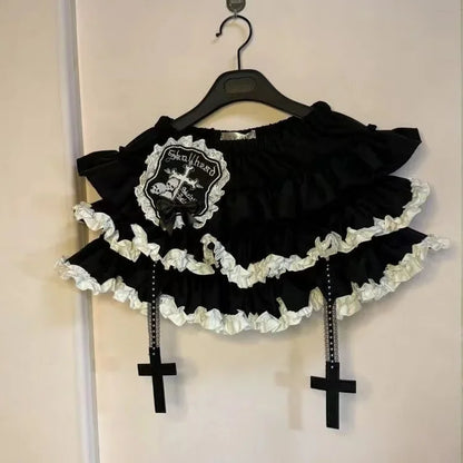 Y2K Gothic Ruffle Skirt - Black & White Polka Dot Punk Lolita Mini Skirt