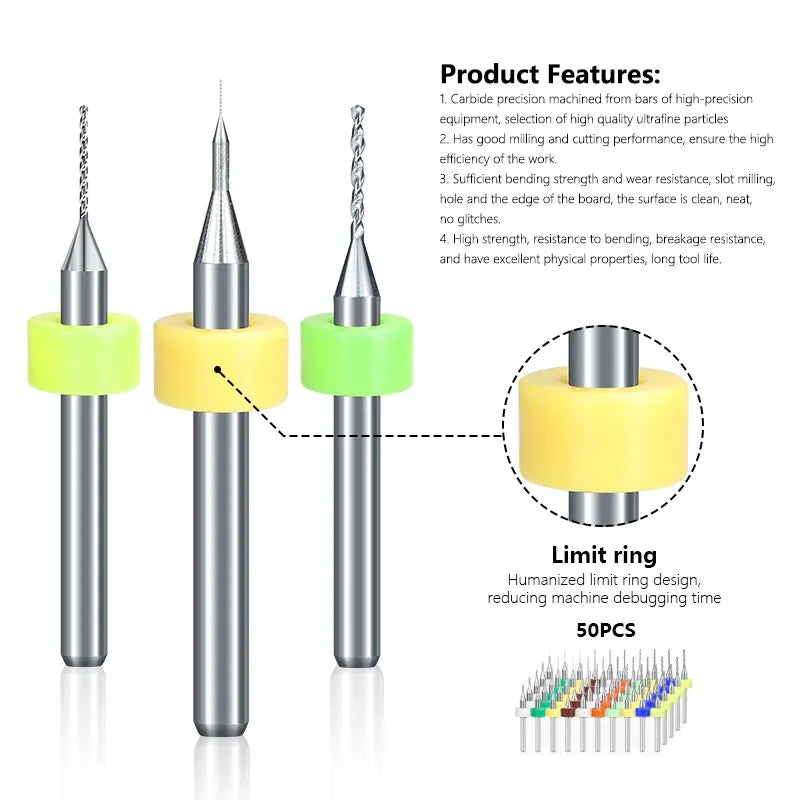 XCAN PCB Drill Bit Set – 50pcs 0.3-1.2mm Carbide Bits with 1/8" Shank for Micro Gun PCB Circuit Board Drilling