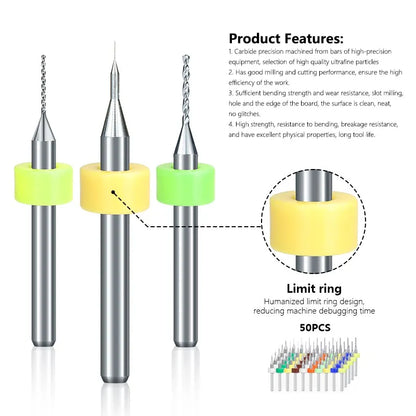 XCAN PCB Drill Bit Set – 50pcs 0.3-1.2mm Carbide Bits with 1/8" Shank for Micro Gun PCB Circuit Board Drilling