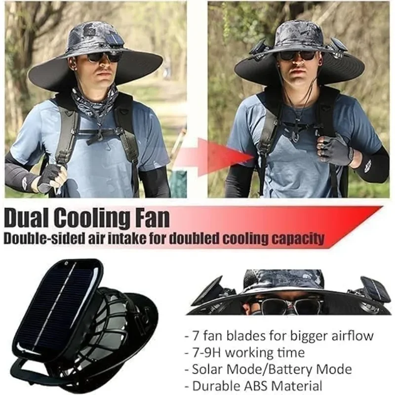 Men’s Wide Brim Solar Fan Hat – UPF50+ Sun Protection, Dual Power USB Adjustable Outdoor Hat for Beach & Fishing