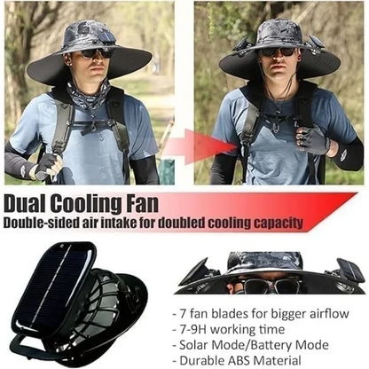 Men’s Wide Brim Solar Fan Hat – UPF50+ Sun Protection, Dual Power USB Adjustable Outdoor Hat for Beach & Fishing