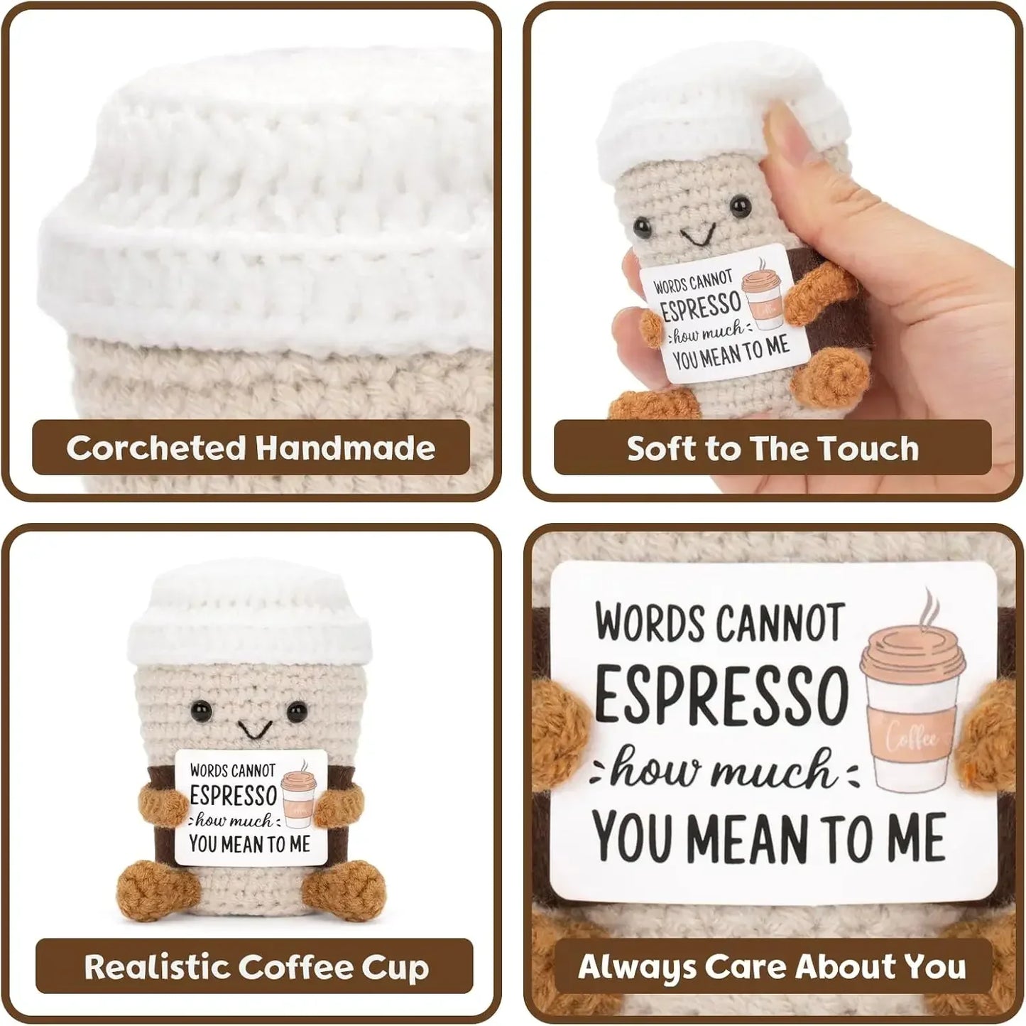Handmade Crochet Coffee Doll – Funny Emotional Support Desktop Ornament & Christmas Gift