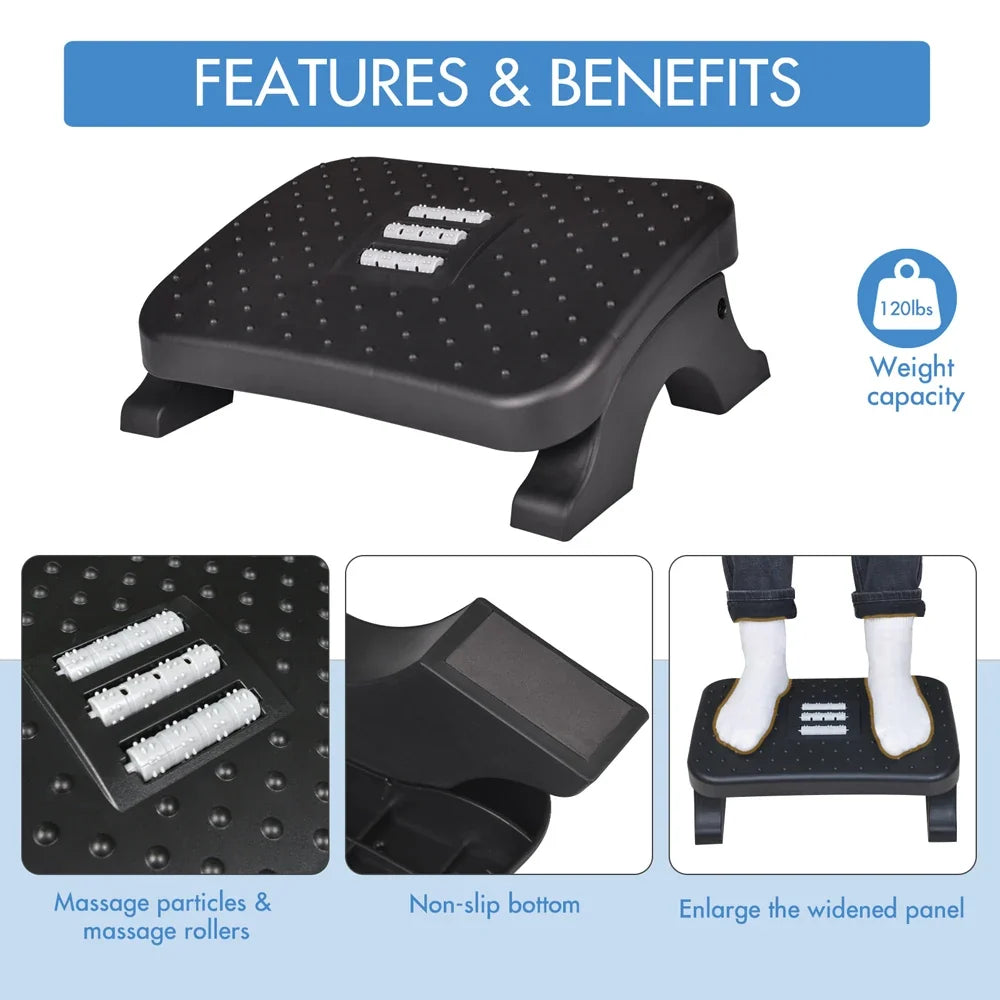 Ergonomic Under Desk Footrest - Adjustable Foot Stool with Massage Rollers for Home Office Leg Comfort and Pain Relief