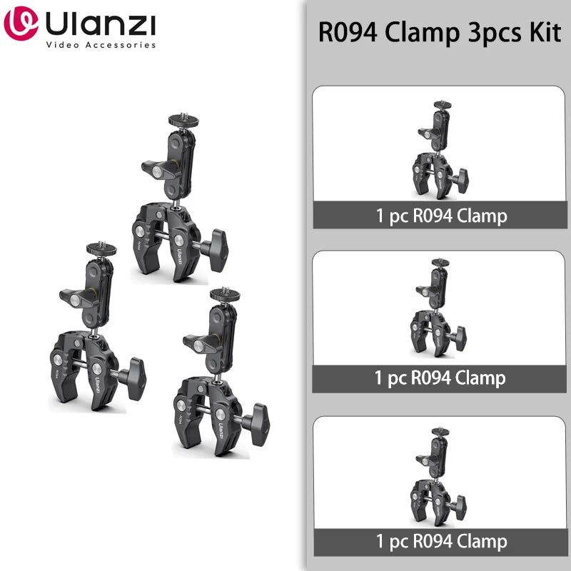 Ulanzi R094 Metal Super Clamp with 360° Ball Head Magic Arm, 1/4" & 3/8" Holes for DSLR Camera, Monitor, Light, Mic, and Rod Mount