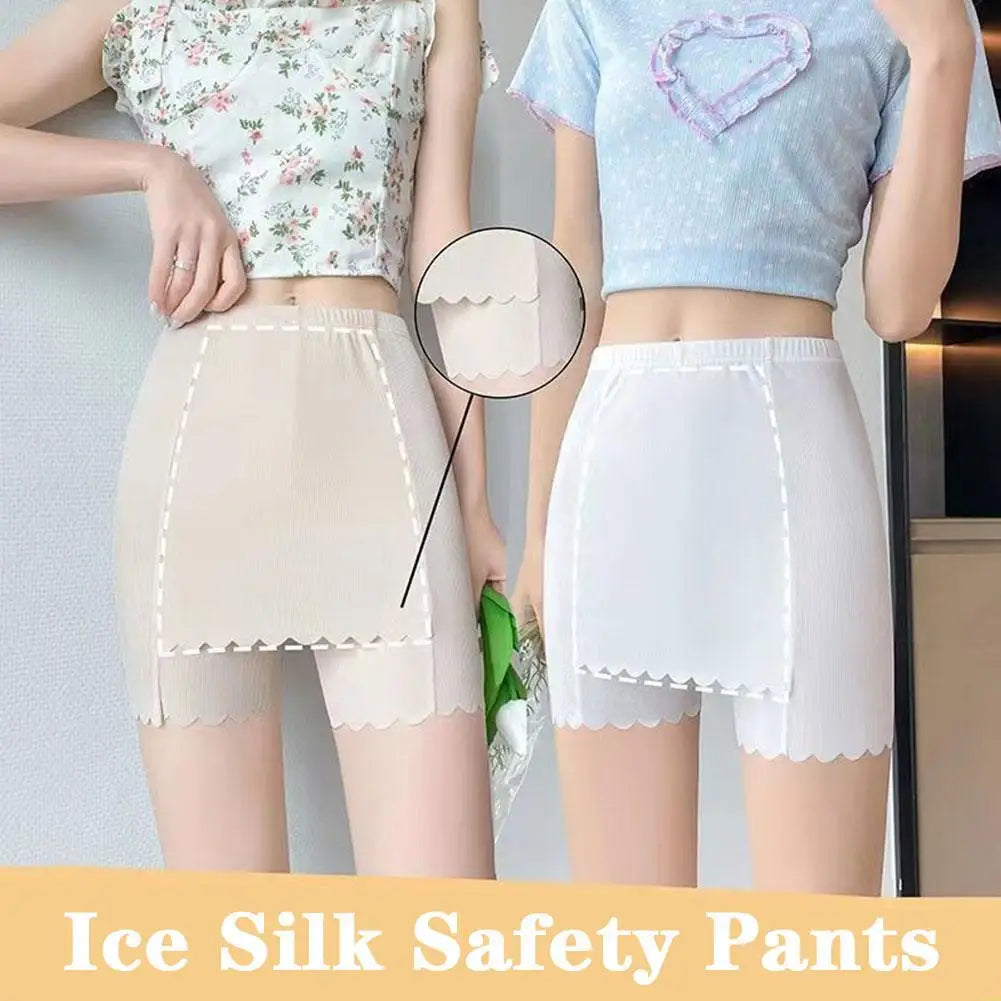Women's Ice Silk Safety Shorts - High Waist Double Layer Seamless Slim Fit Under Skirt Pants - Summer Underwear Panty