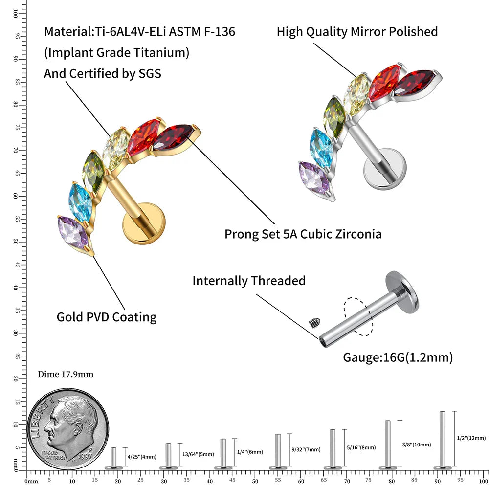 Right Grand ASTM F136 Titanium 16G Ear Climber CZ Cartilage Earring – Curved Marquise Helix, Tragus & Labret Flat Back Piercing Stud