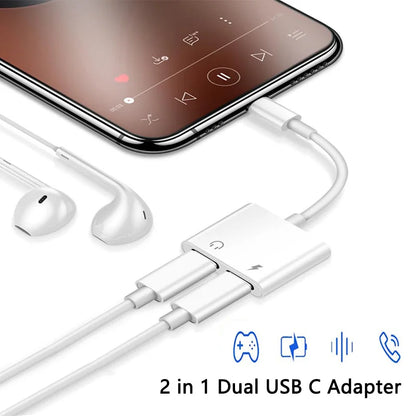 2-in-1 USB-C to 3.5mm Audio Adapter — Dual Type-C Jack Charging & Aux Cable for Samsung, Xiaomi Wired Earphones
