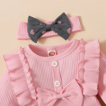 Newborn Baby Girls Clothes Set – Pink Ruffle Top & Heart Print Bow Trousers, Princess Casual Outfit for Infants