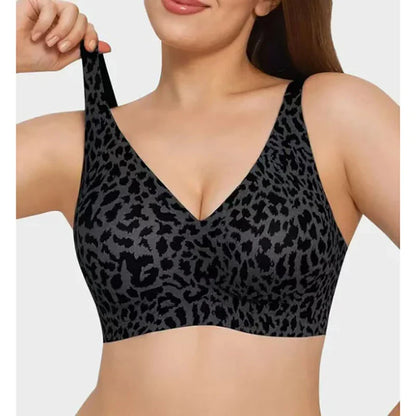 Women’s Pink Leopard Print Bra – Seamless Wire-Free Full Cup Underwear, Soft Support, Breathable Deep V Design