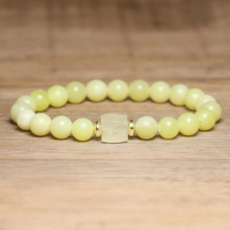 Natural Stone Beaded Bracelet – Strawberry Crystal & Yellow Jade Bohemian Minimalist Adjustable Crystal Jewelry for Women & Men