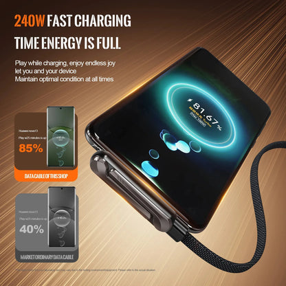 240W 2-in-1 USB-C Fast Charging Cable with Foldable Stand – Type-C Data & Desktop Holder Cord for iPhone 17/16