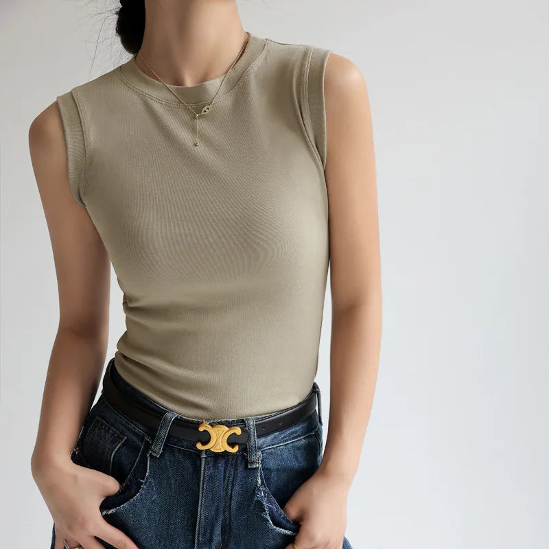 Women’s Cotton Camisole Vest – Colorful Round Neck Basic Sleeveless Undershirt with Side Cleavage Coverage C4878