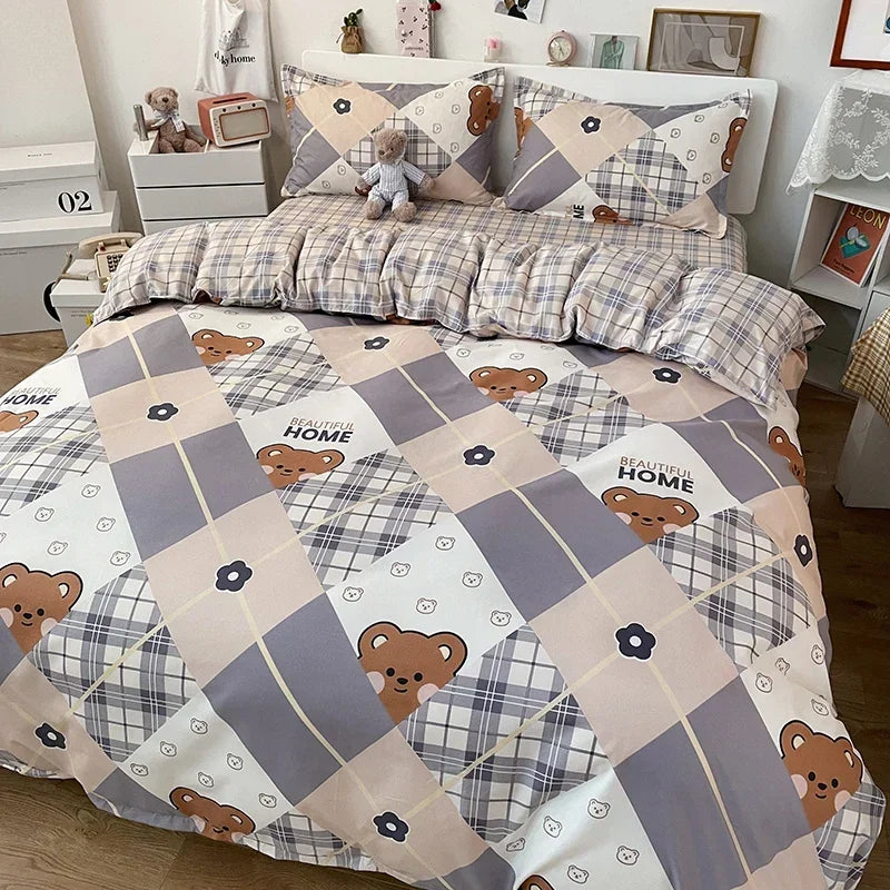 Kawaii Bear & Dog Printed Bedding Set – Floral Duvet Cover with Pillowcases, Full/Queen/King Bed Linen Quilt Sheets