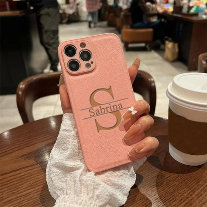 Personalized Custom Initials iPhone Case for 16/15/14/13/12/11 Pro Max Plus – Big Letter Laser Engraved Leather Cover