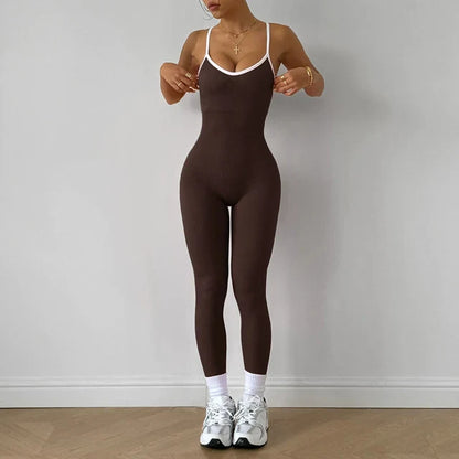 Seamless Women’s Yoga Jumpsuit – Spaghetti Strap One-Piece Gym Bodysuit with Padded Bra, Fitness Workout Leggings & Activewear Set