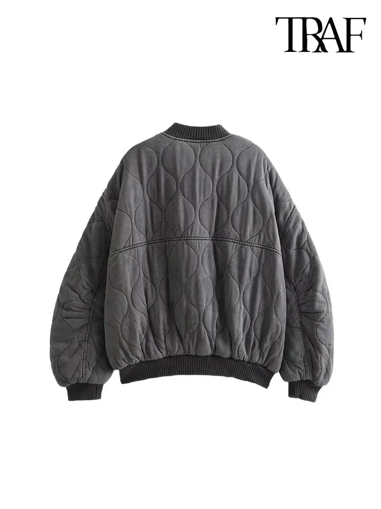 TRAF Women’s Quilted Aviator Jacket – Solid Color Round Collar Long Sleeve Casual Coat