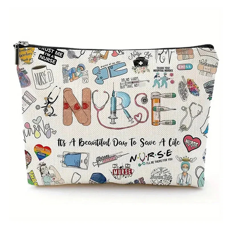 Travel Fashion Cartoon Nurse Print Cosmetic Bag - Women's Designer Makeup Organizer, Heat Transfer Multifunctional Pencil Case