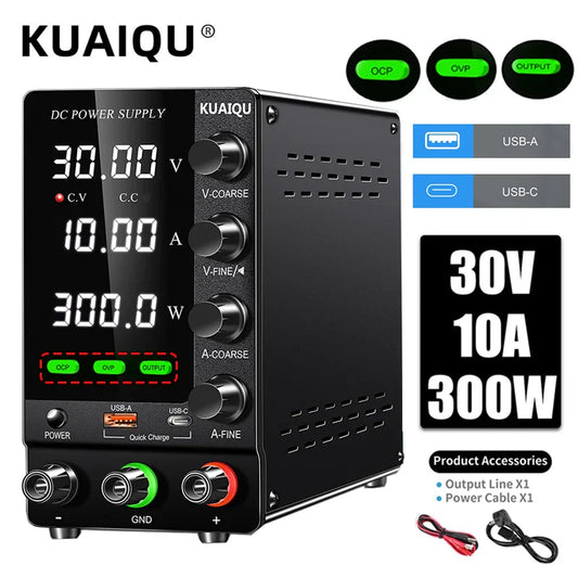 KUAIQU 2024 Adjustable DC Lab Power Supply – 30V 10A/5A, OCP & OVP Protection, USB-A/Type-C Fast Charging, 120V Output