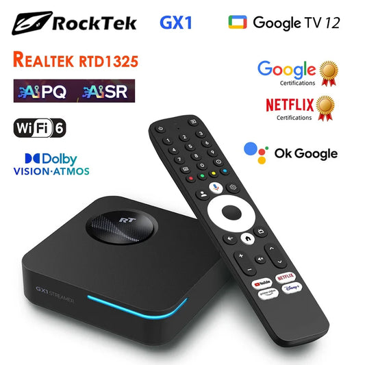 RockTek GX1 UHD Google TV Box — Android TV, 4GB RAM 32GB Storage, Netflix Certified, Dolby Atmos, WiFi6 & BT5.2