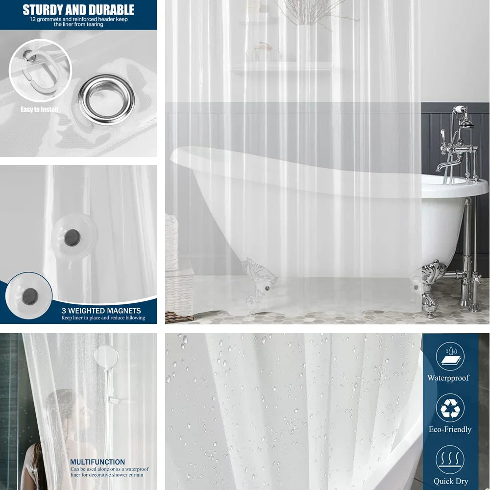 PEVA Shower Curtain: Waterproof Transparent/Colorful Plastic Bath Curtains - Mildew-Resistant Luxury Home Decor with Hooks