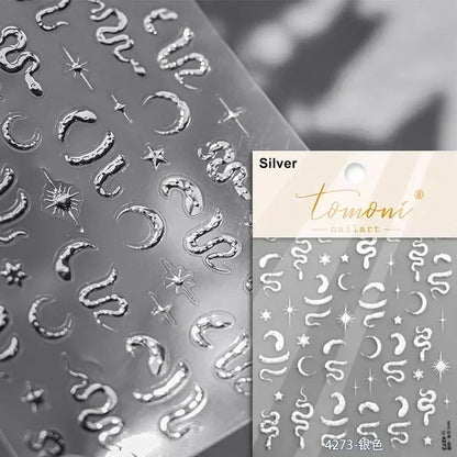 5D Gold Stamped Nail Art Stickers - Silver Sun Stars Snake Chinese Style Self-Adhesive Manicure Decals