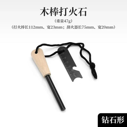 Wilderness Survival Flint Kit – Portable Magnesium Fire Starter with Wooden Handle for Camping & Outdoor
