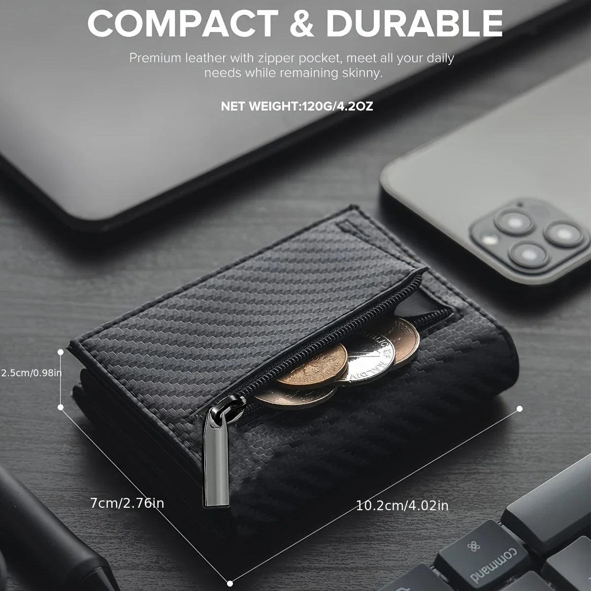 Men’s Minimalist RFID Wallet — Zipper Coin Purse & Pop-Up Metal Card Holder
