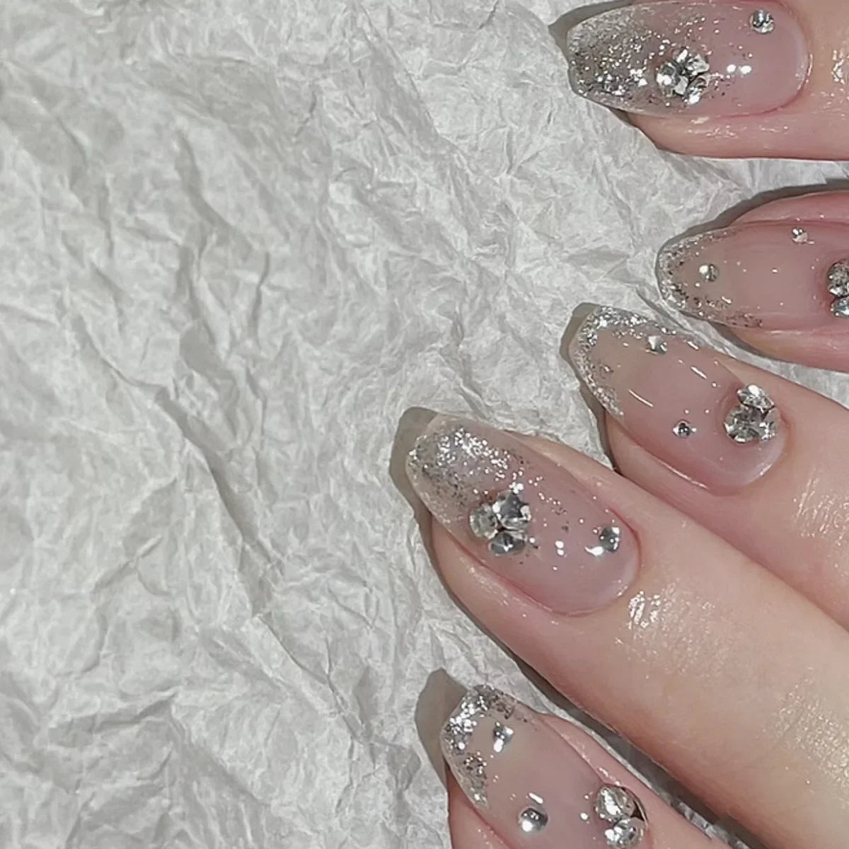 24PCS Short Press On Nails - Shimmer Ballet French Full Cover Artificial Nail Tips for Daily Manicure Style