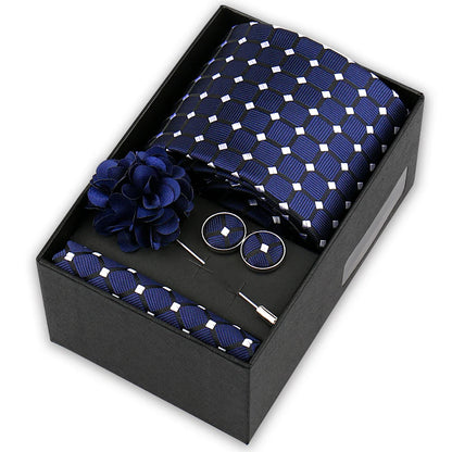 Men’s 4-Piece Tie Set Gift Box - Elegant Necktie with Handkerchief, Cufflinks & Brooch for Business, Wedding & Suit Accessories
