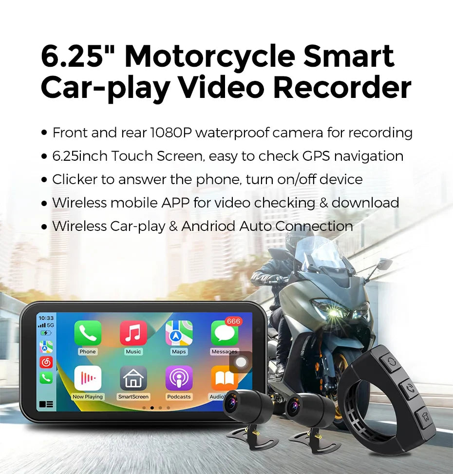 Portable 6.25-Inch Motorcycle GPS Navigation with Wireless CarPlay & Android Auto – IP67 Waterproof, DVR Drive Recorder, WIFI Moto Monitor