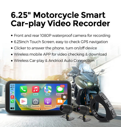 Portable 6.25-Inch Motorcycle GPS Navigation with Wireless CarPlay & Android Auto – IP67 Waterproof, DVR Drive Recorder, WIFI Moto Monitor
