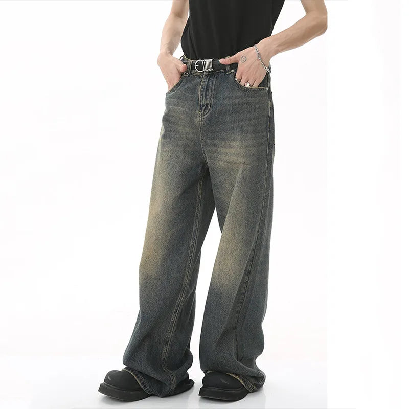 IEFB Men’s Summer Denim Jeans – Washed Blue Straight Loose Wide-Leg Casual Pants