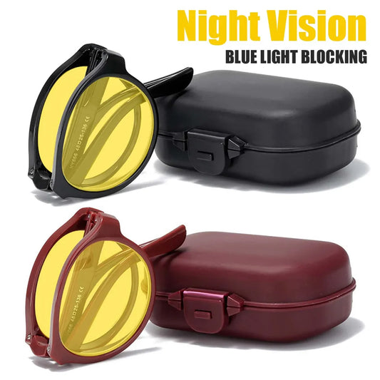 Anti-Glare Foldable Night Vision Driving Glasses – Blue Light Blocking Round Shades for Men & Women with Case