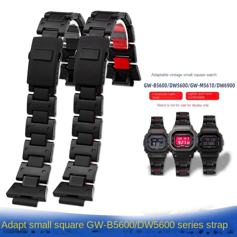 Black Red Lightweight Composite Plastic Steel Watch Band for Casio GW-B5600, DW5600MS, DW6900, GA2100 – Durable Replacement Strap Bracelet