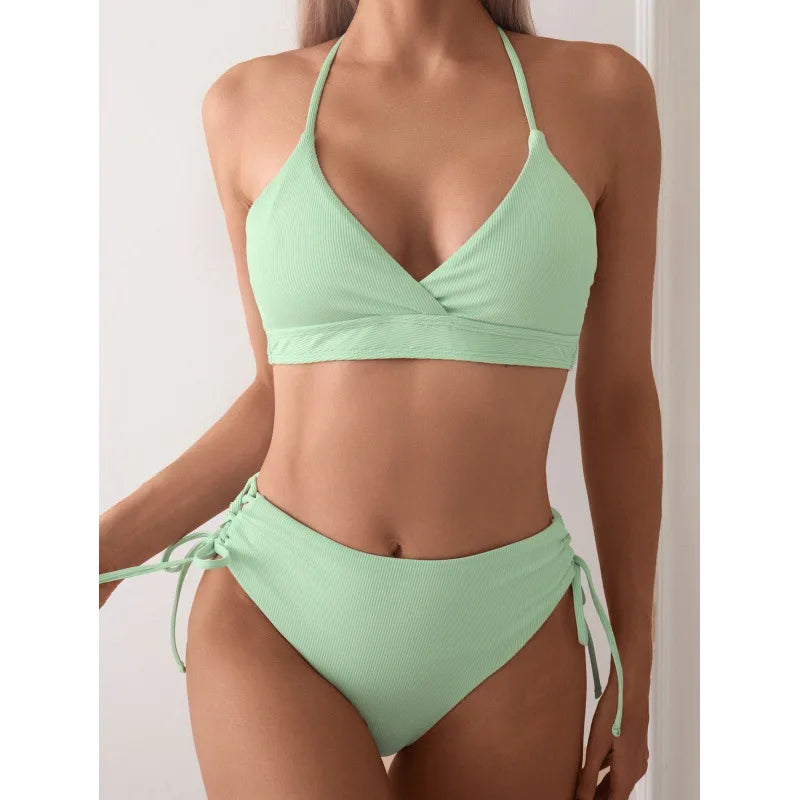 Cikini V-Neck Split Bikini Set – Sexy Lace-Up Triangular Solid Color Swimwear for Women