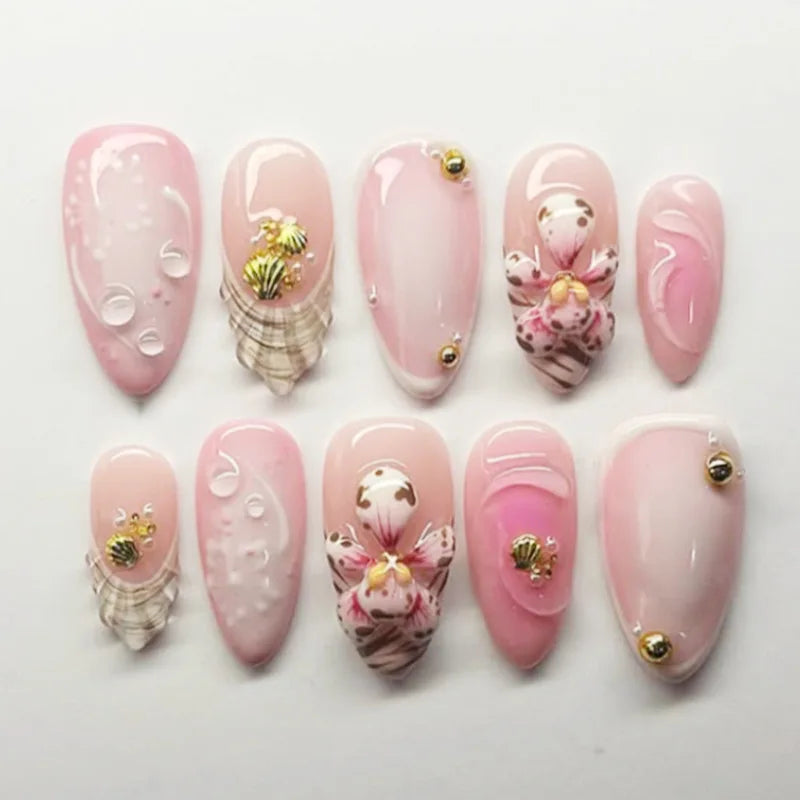 24Pcs French Press On Nails - Almond Fake Nail Tips with Glue, White Edge Design & Pink Stiletto Style Manicure Set