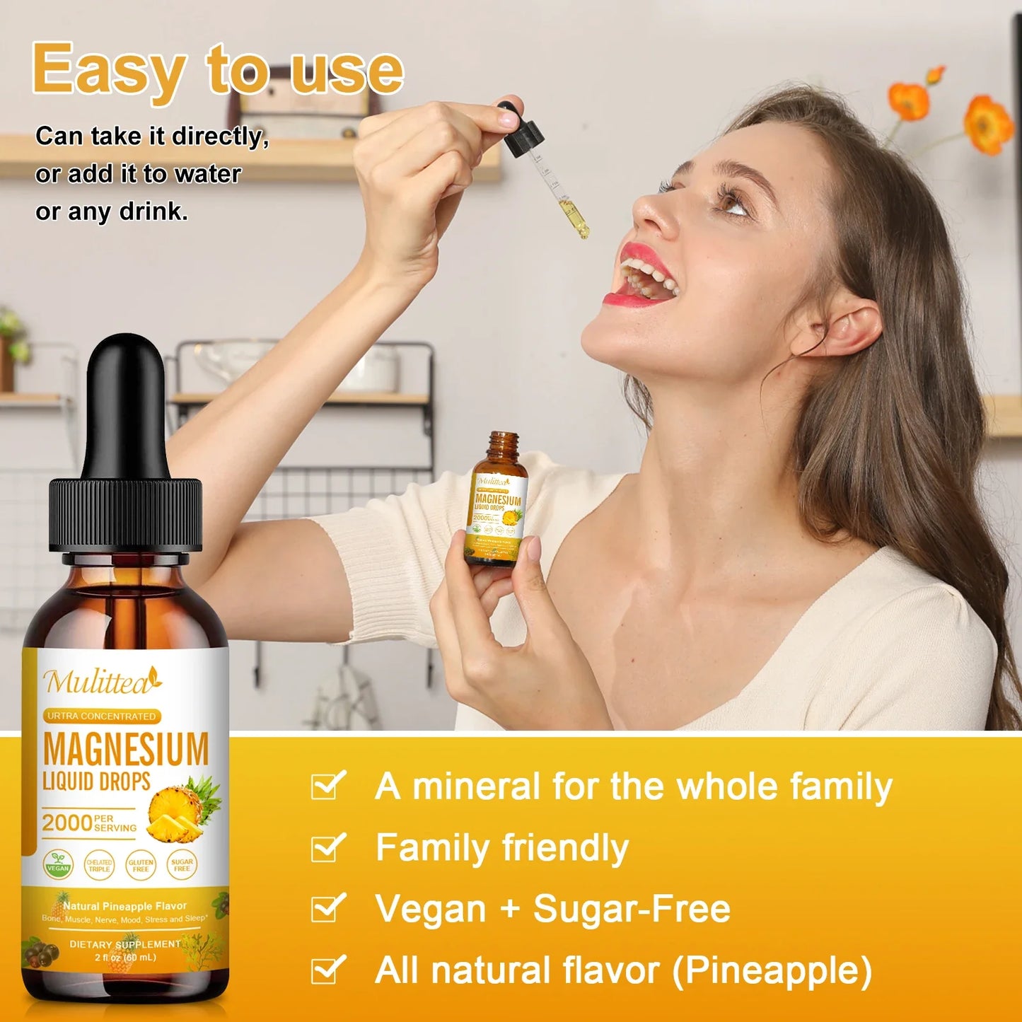 Mulittea Magnesium Glycinate Drops – Pineapple Flavor for Mood Calm, Muscle Relaxation, Sleep Support & Nerve Health