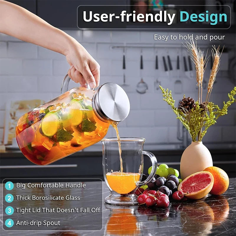 HeY LiLac 1.8L Glass Pitcher - Vertical Stripe Borosilicate Water Carafe with Lid for Fridge & Drinks