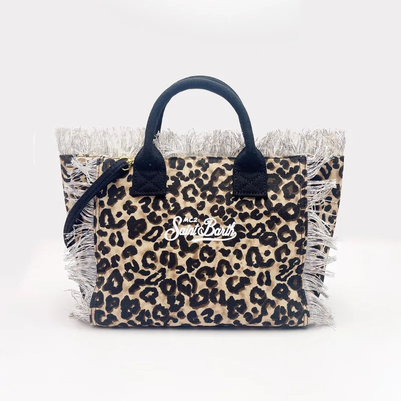 SAINT BARTH Houndstooth Crossbody Bag – Small Cotton Linen Handmade Tote with Tassels for Women