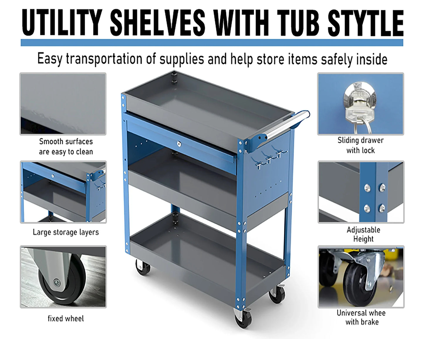 AIRAJ 3-Tier Rolling Tool Cart — Heavy-Duty Metal Mechanic Utility Cart with Drawers, Wheels & Pegboard