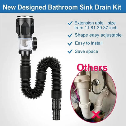 Flip-Top Kitchen Sink Drain with Retractable Deodorizing Filter - Anti-Clogging Flexible Downspout Bathroom Sink Accessory